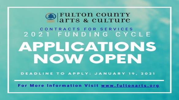 Fulton County Arts & Culture flyer titled 'Contracts for Services 2021: Applications Open'. Deadline to Apply: January 19, 2021.
