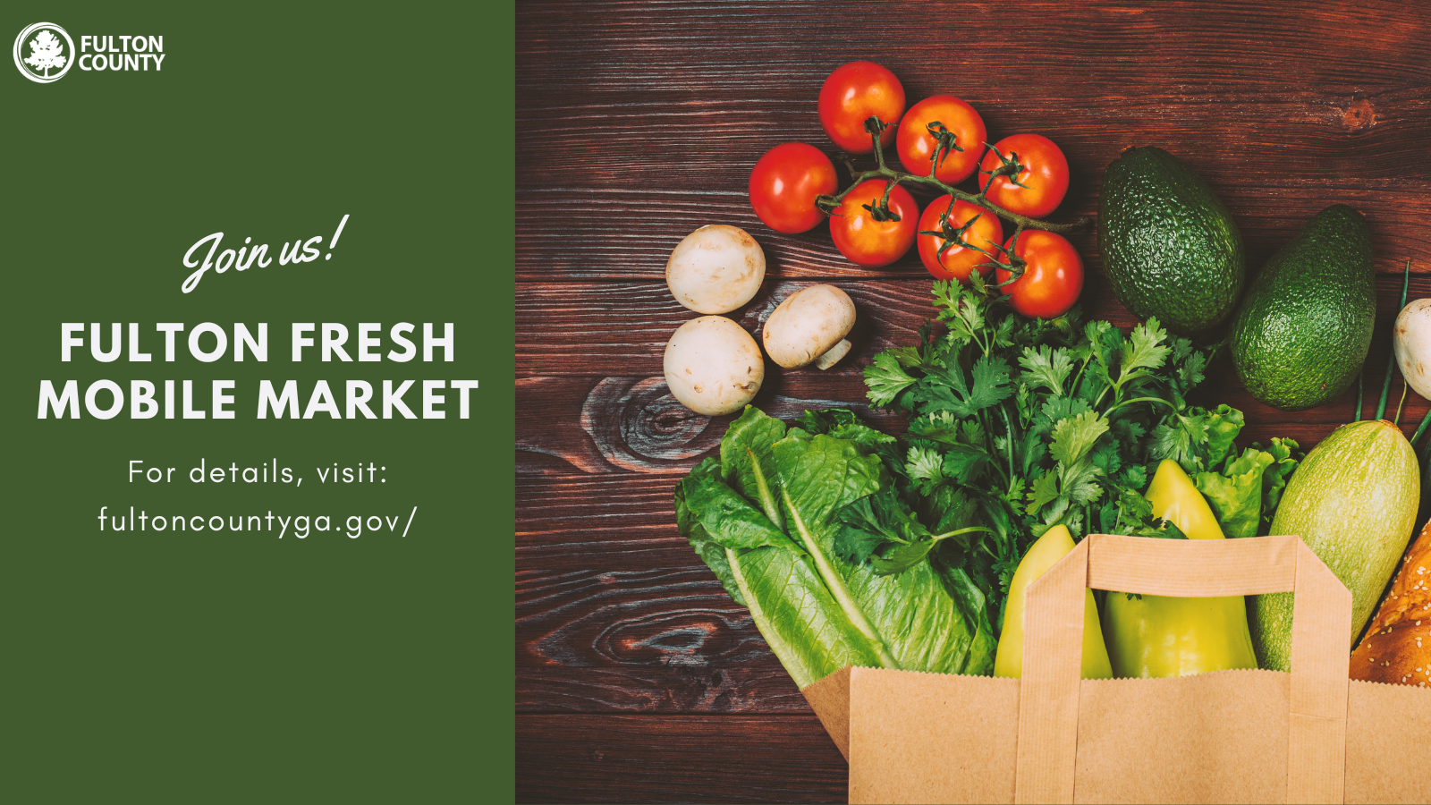 Fulton Fresh Mobile Market flyer advertising citizens to join and encouraging them to visit fultoncountyga.gov/ for more details