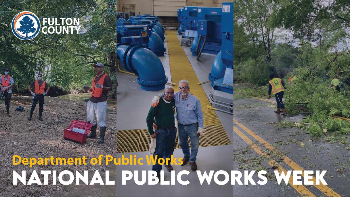 2021 National Public Works Week header containing images of volunteers working in the woods 